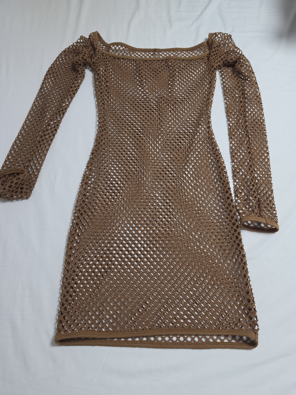 Fashion Nova Brown Crochet Long-Sleeve Mesh Dress